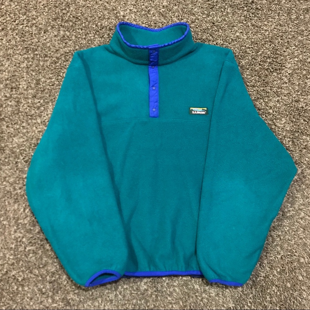 Vintage LL Bean Fleece Snap Button Teal Sweater